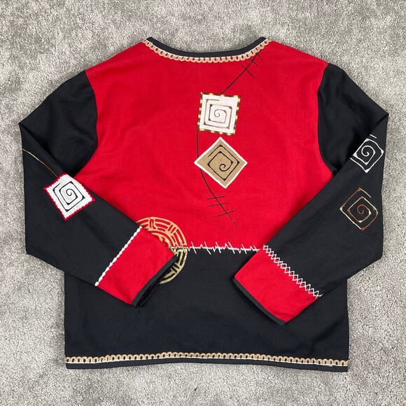 VTG Patchwork Embroidered Top Sz M Red Black Long Sleeve Funky Abstract Linen - Picture 3 of 13